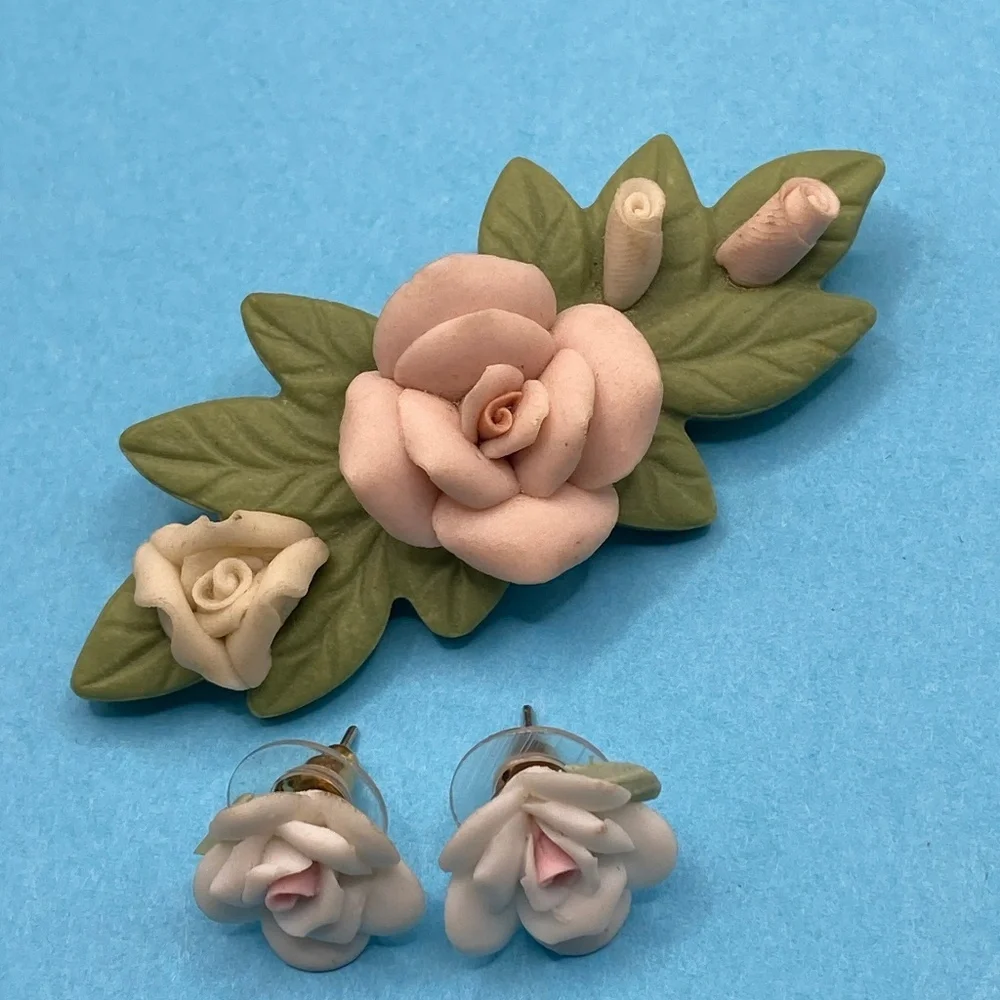 Porcelain Floral Brooch & Pierced Post Earrings Set